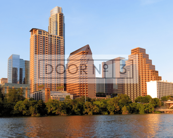 Austin skyline with Door No. 3 branding agency logo overlay