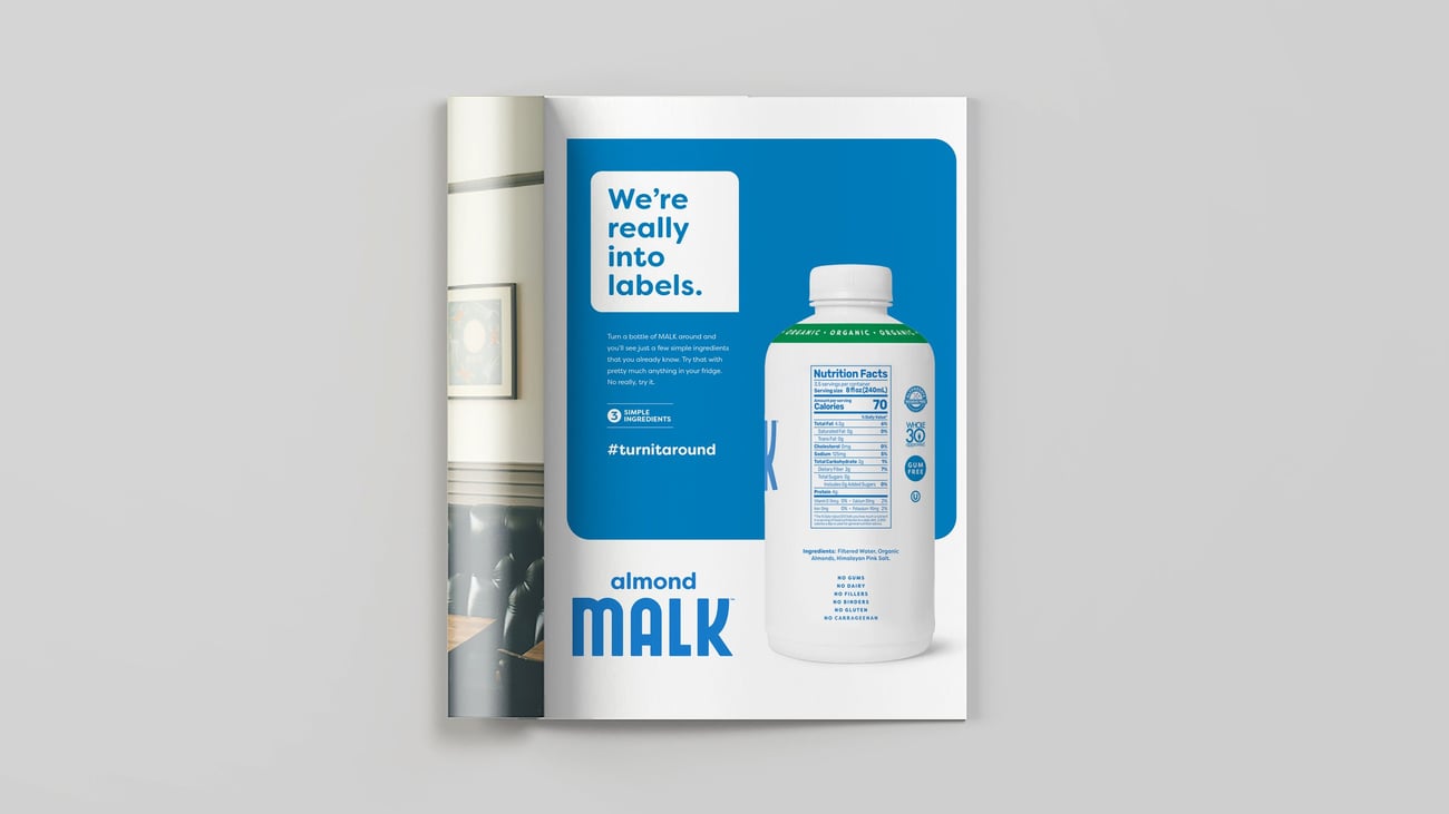 Magazine ad for MALK, shows ad on field of gray